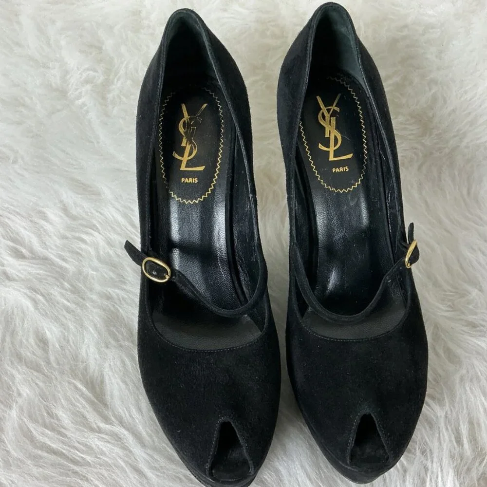 YSL Yves Saint Laurent Black Suede Robyn Winged Molded Wedge Pumps 39.5 US 9.5